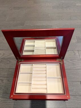 Red Jewelry Organizer Box with Mirror - Cream Interior